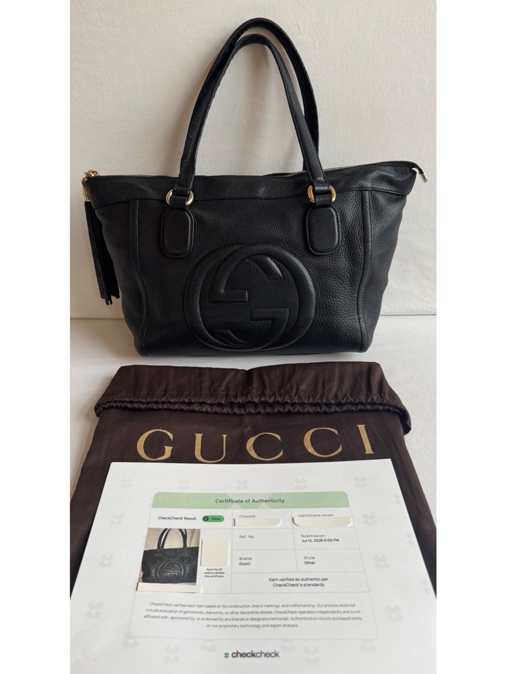 Gucci Soho Working Tote Black Pebbled Leather GG Logo Gold Hardware Made Italy